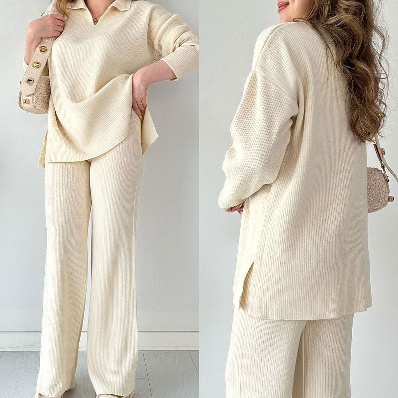 Nore - Casual tweedelige set met pullover met v-hals en split