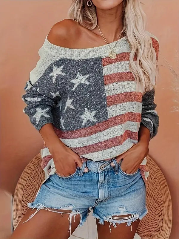 Callista - Casual Off-Shoulder Trui met Vlagprint