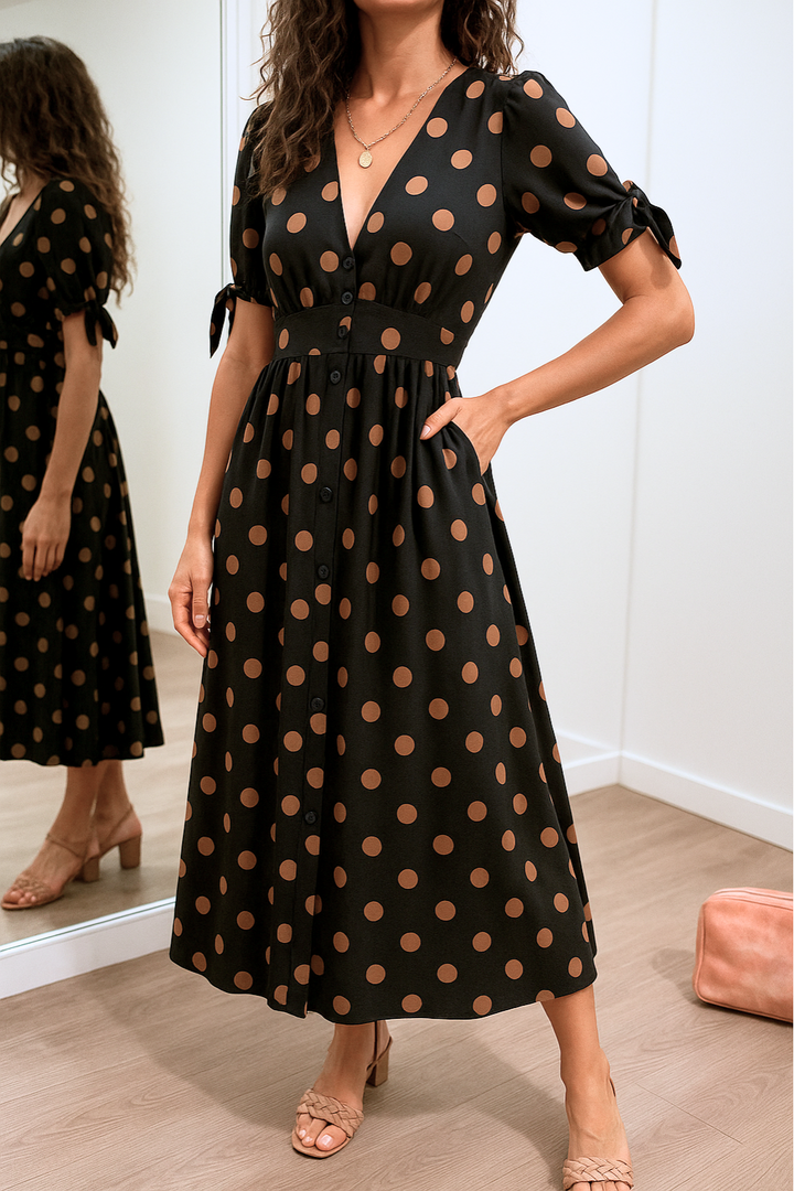 Aleksandra - Polkadot Midi Jurk Met V-Hals