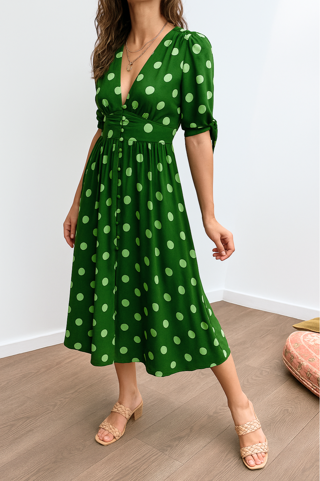 Aleksandra - Polkadot Midi Jurk Met V-Hals
