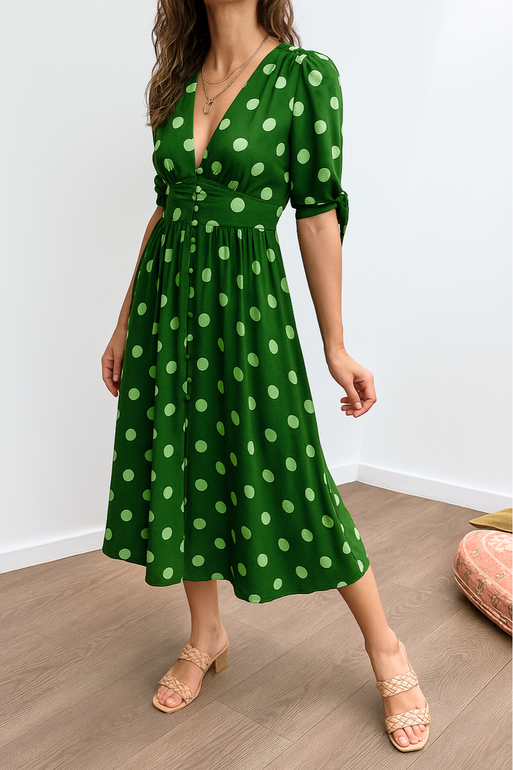 Aleksandra - Polkadot Midi Jurk Met V-Hals
