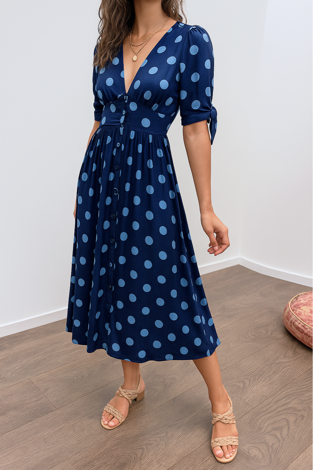 Aleksandra - Polkadot Midi Jurk Met V-Hals