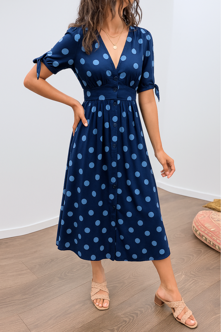 Aleksandra - Polkadot Midi Jurk Met V-Hals