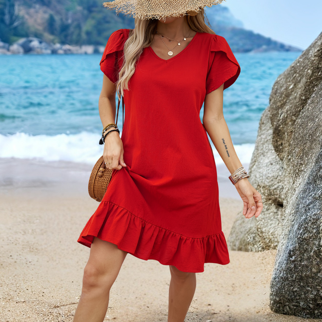 Sien - Dames V-hals Shell Mouw Rimpel Jurk