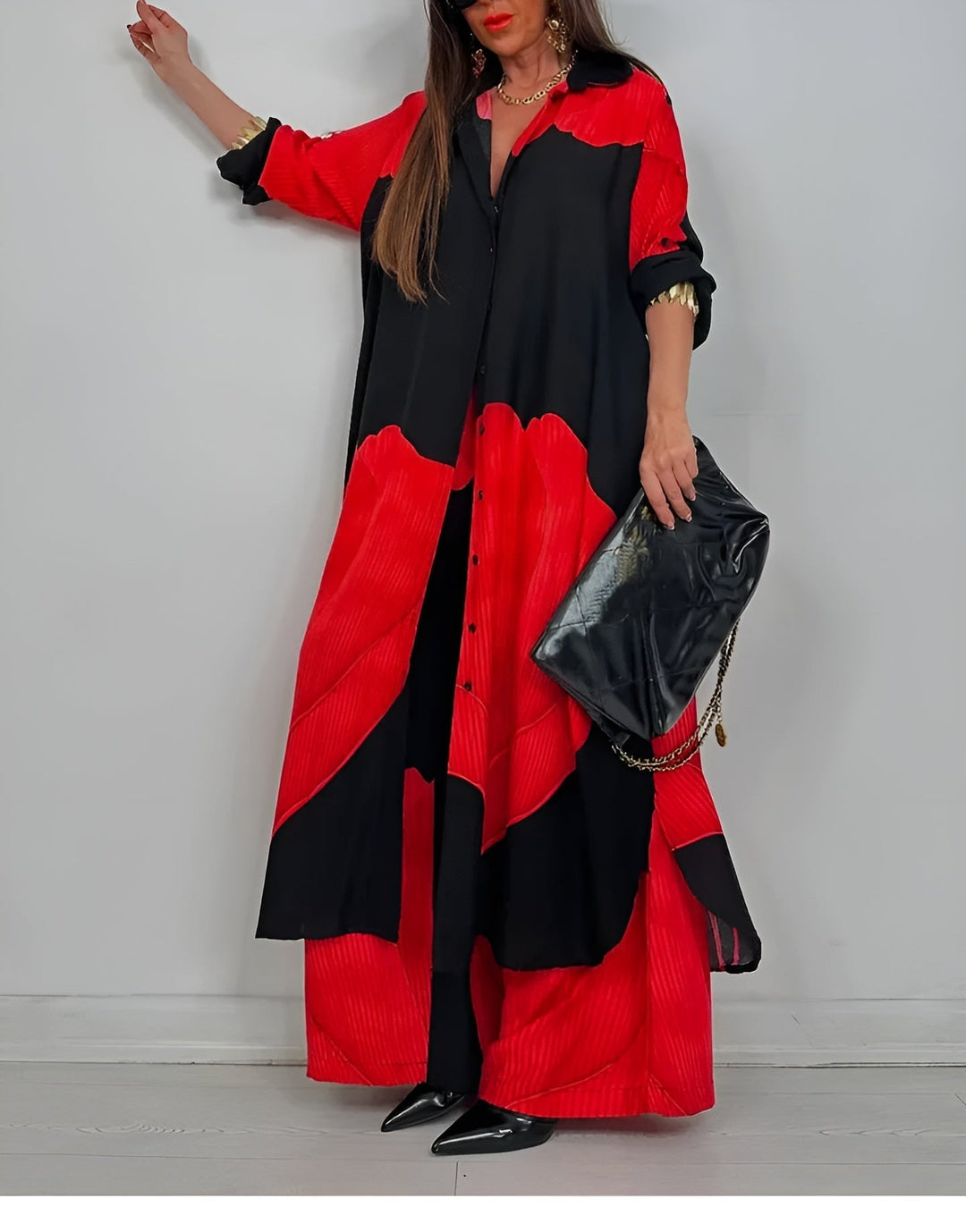 Skye – Trendy Patchwork Top en Wijde Pijpen Broek Set