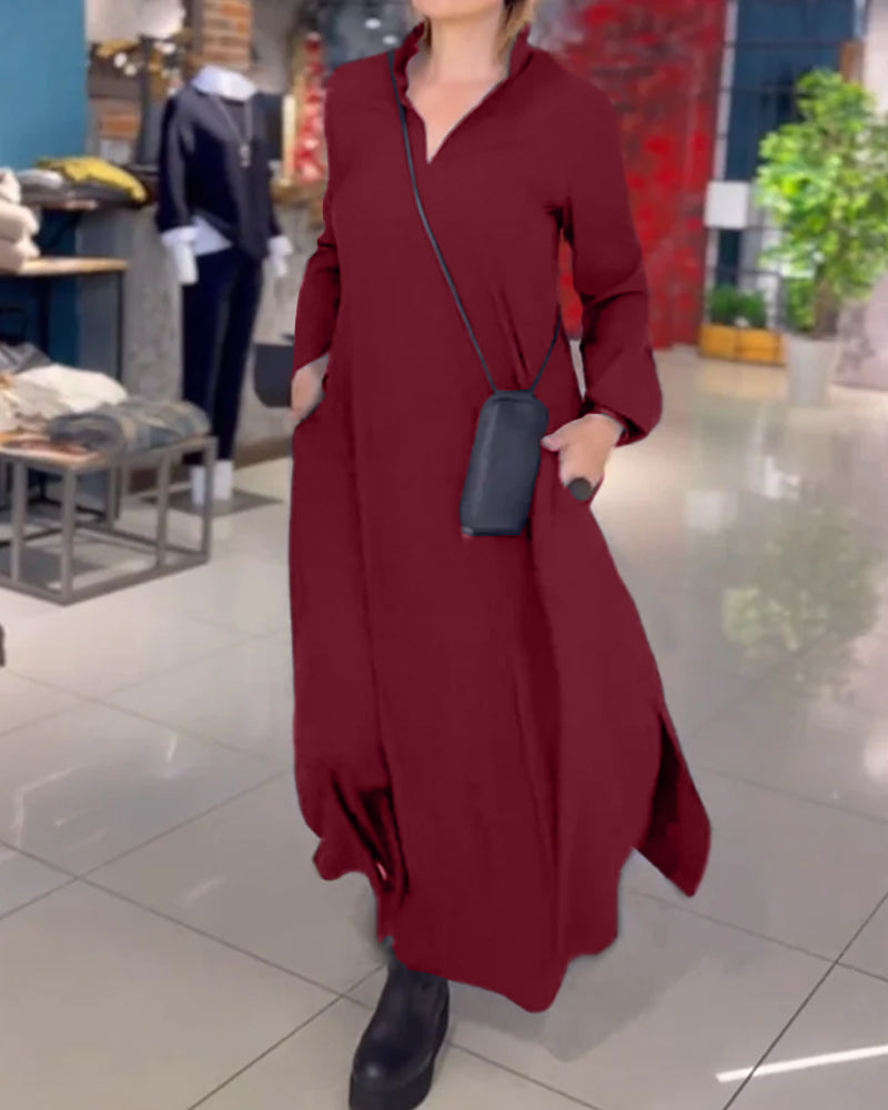 Lieve - Elegante Lange Jurk met Revers en Zijsplit