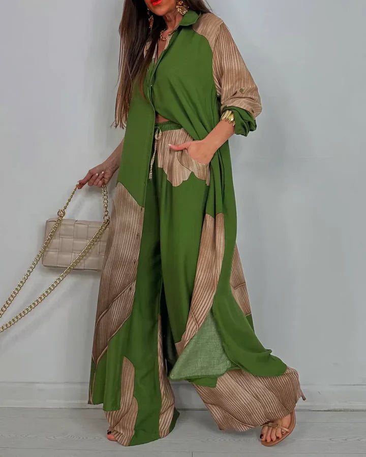 Skye – Trendy Patchwork Top en Wijde Pijpen Broek Set