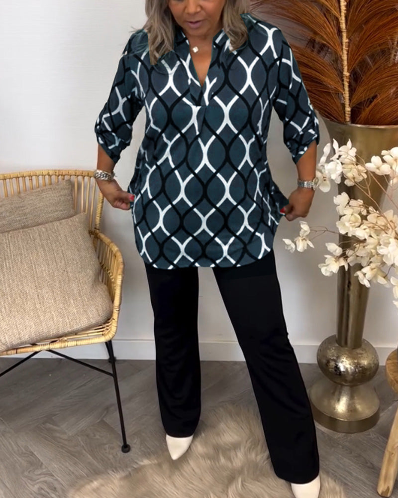 Elspeth - Stijlvolle Blouse met Geometrische Print en Lange Mouwen