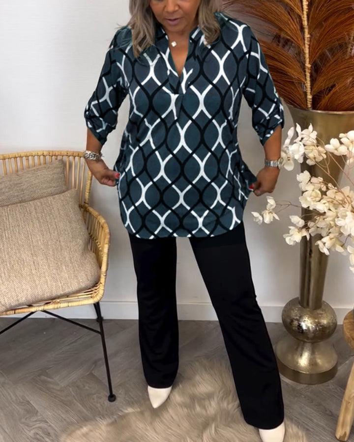 Elspeth - Stijlvolle Blouse met Geometrische Print en Lange Mouwen