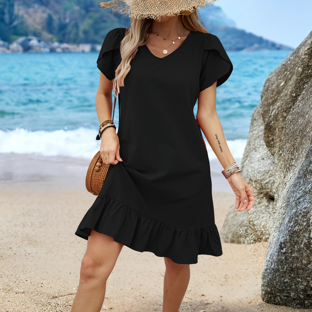 Sien - Dames V-hals Shell Mouw Rimpel Jurk