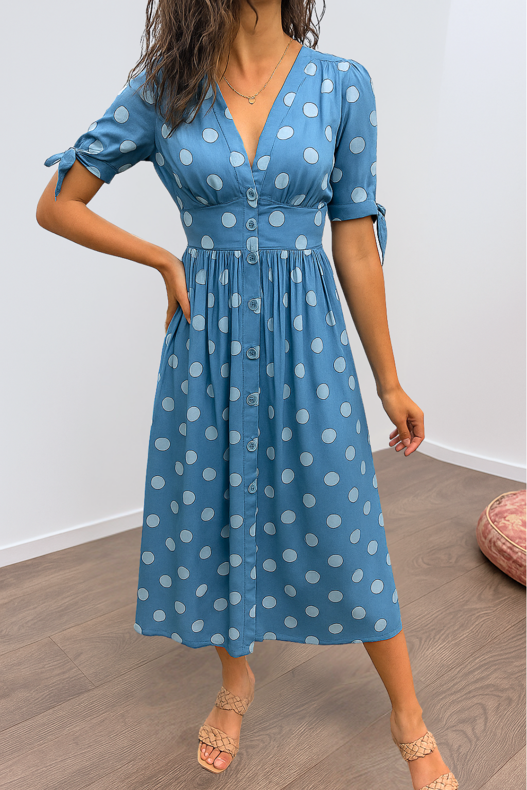 Aleksandra - Polkadot Midi Jurk Met V-Hals