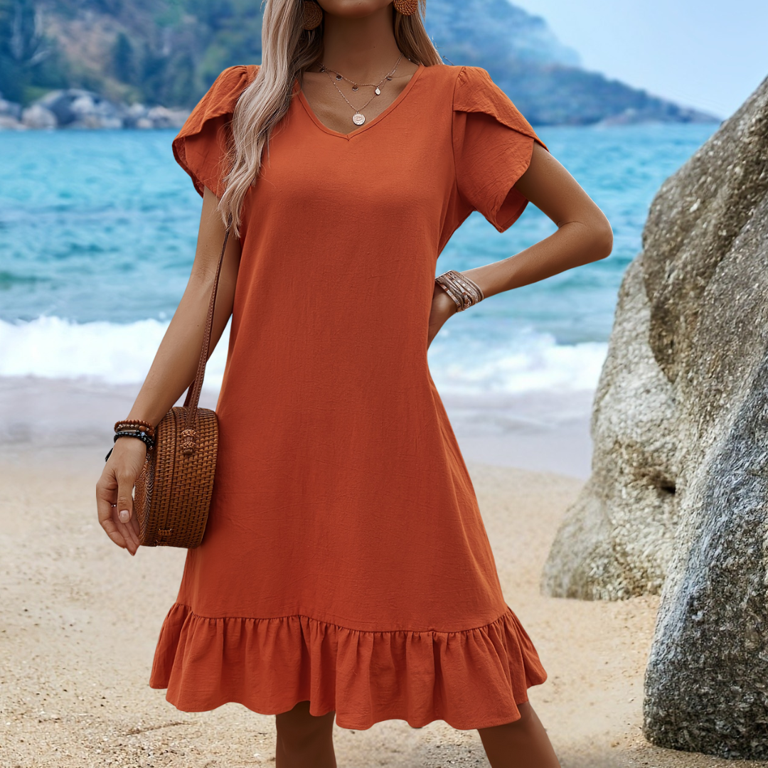 Sien - Dames V-hals Shell Mouw Rimpel Jurk