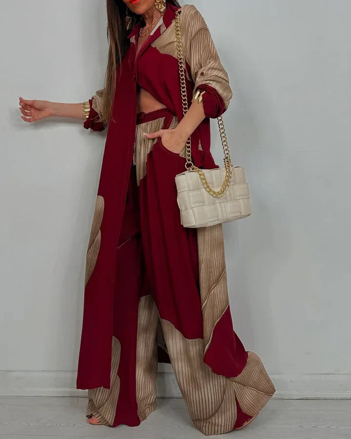 Skye – Trendy Patchwork Top en Wijde Pijpen Broek Set