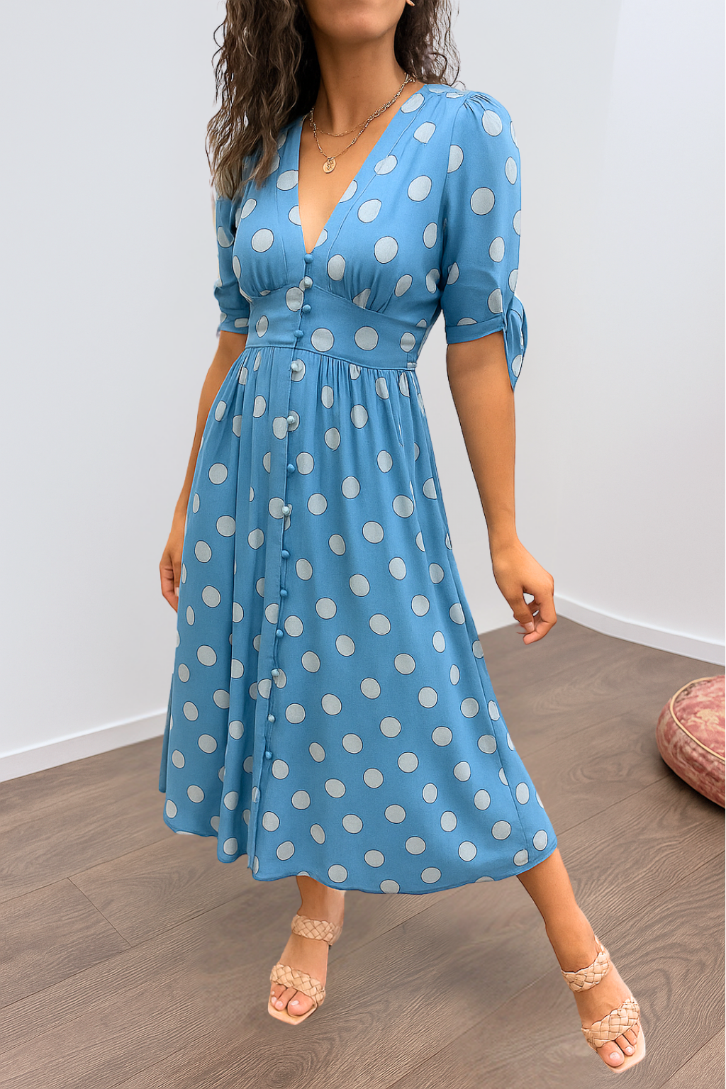 Aleksandra - Polkadot Midi Jurk Met V-Hals