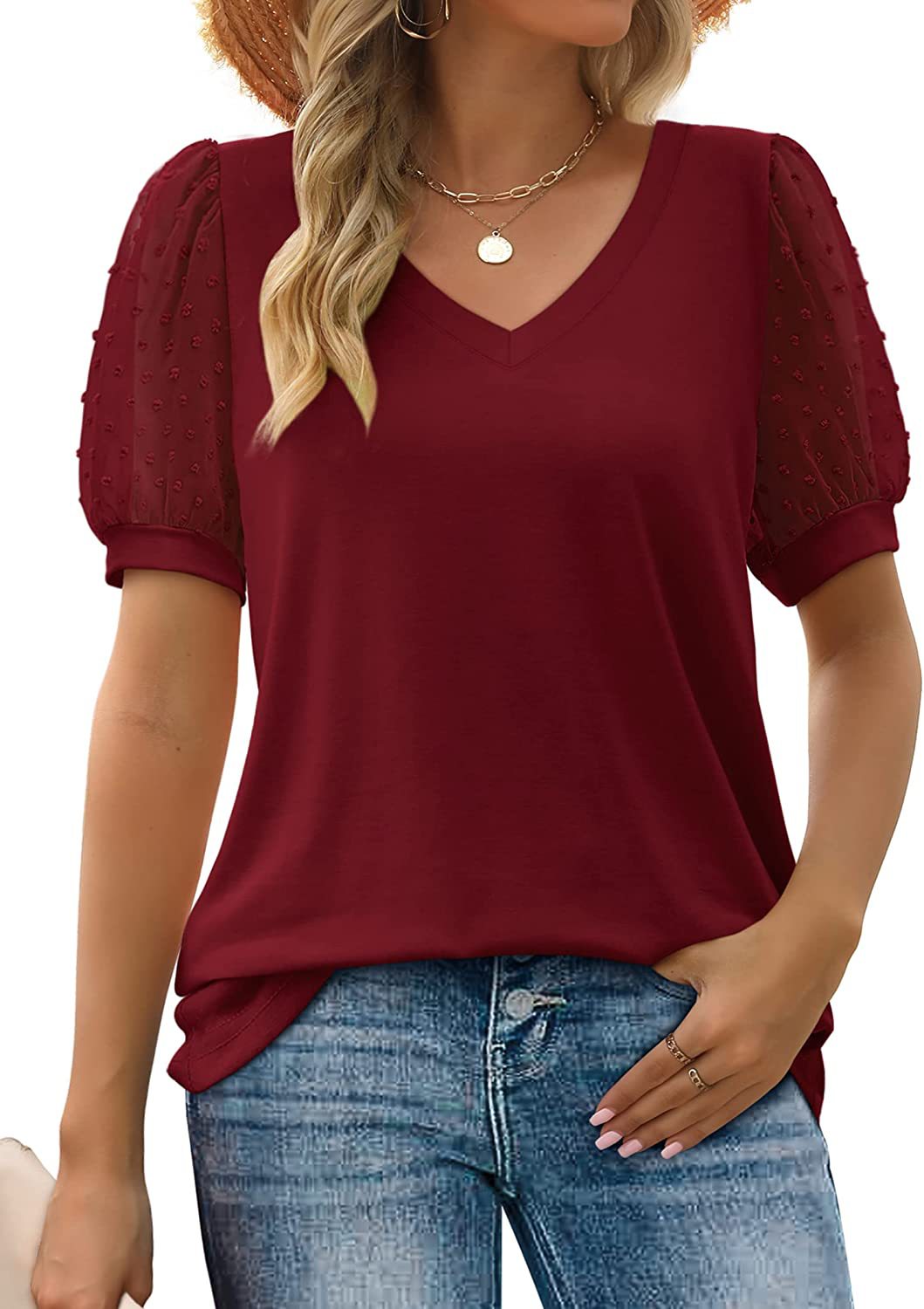 Nina – V-Hals Top met Textuurmouwen