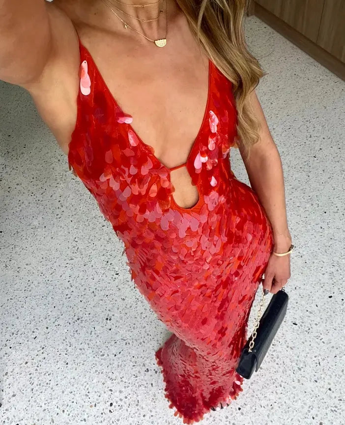 Kalea - Glitter Pailletten Rugloze Jurk met Bandjes