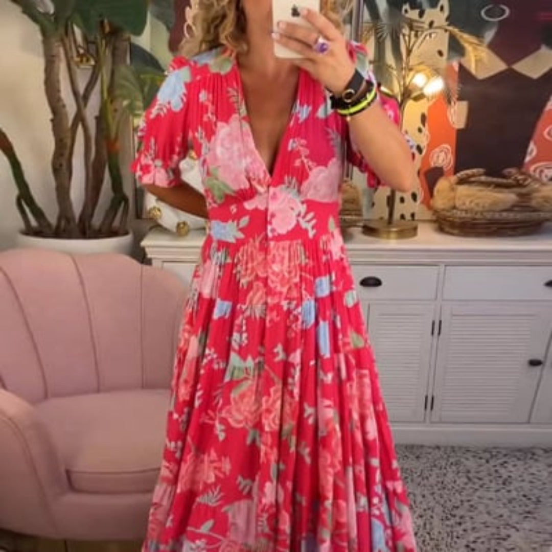 Stefania - Lange jurk met v-halslijn en zakken