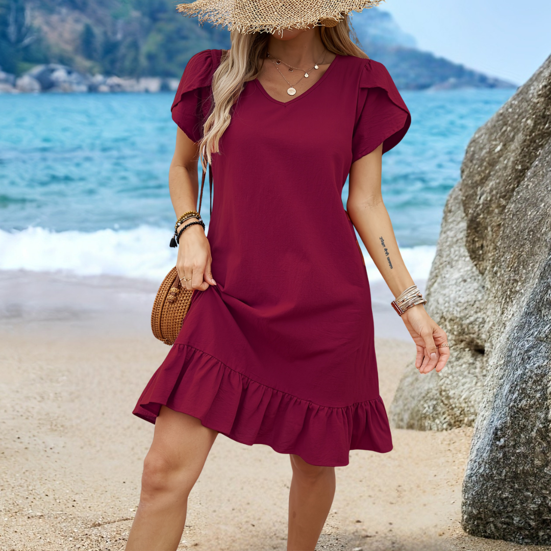 Sien - Dames V-hals Shell Mouw Rimpel Jurk