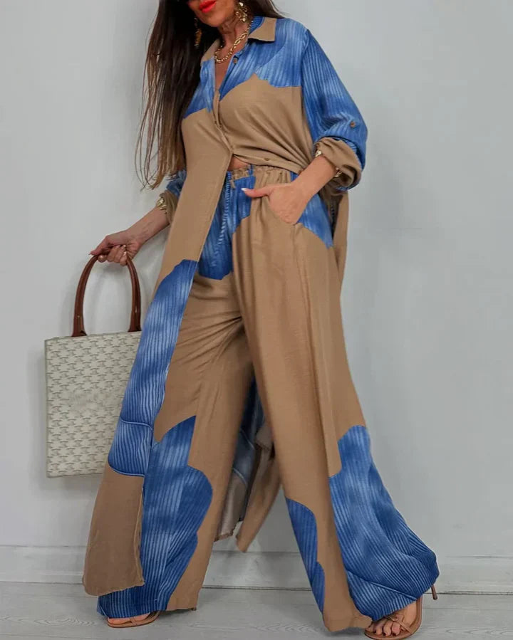 Skye – Trendy Patchwork Top en Wijde Pijpen Broek Set