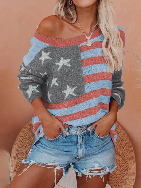Callista - Casual Off-Shoulder Trui met Vlagprint