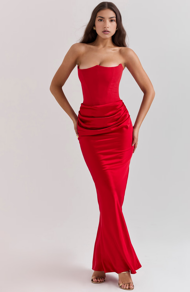 Hera – Elegante Retro Straploze Feestjurk in Effen Kleur