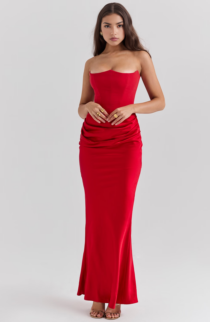 Hera – Elegante Retro Straploze Feestjurk in Effen Kleur
