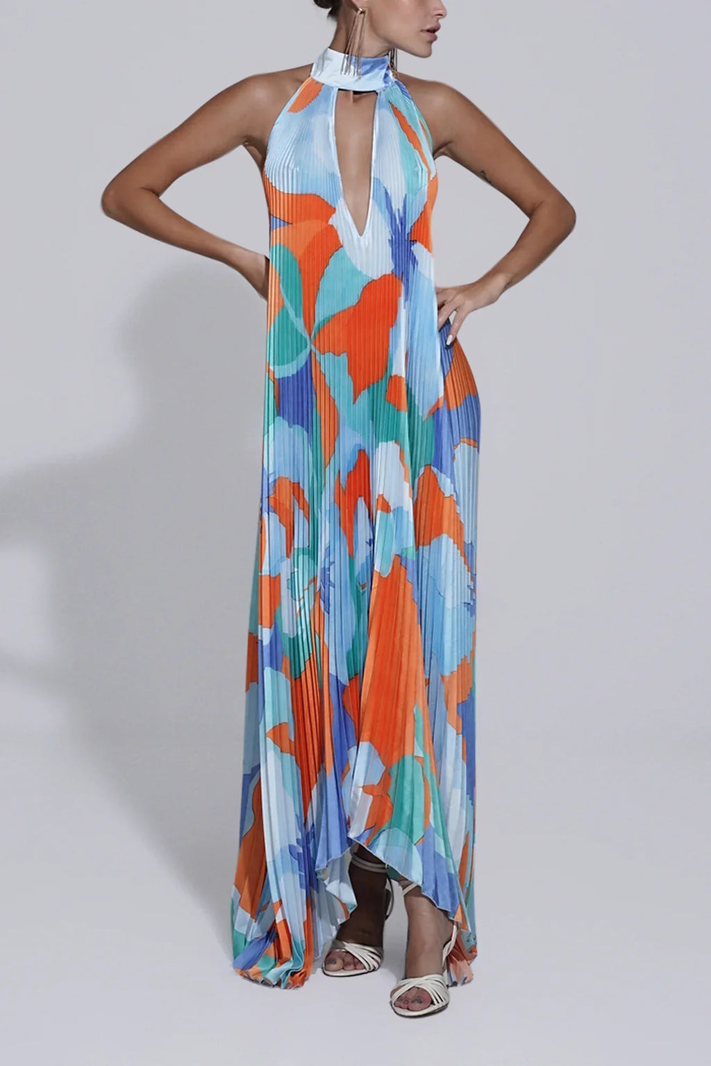 Isla – Elegante Geplooide Halter Maxi Jurk