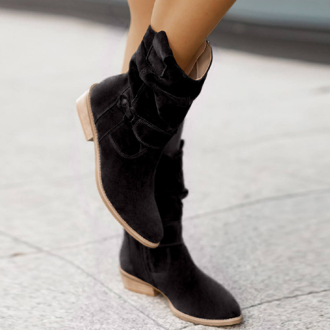 Thora - Mid-Calf Ridderslaarzen van Imitatiesuède Flock