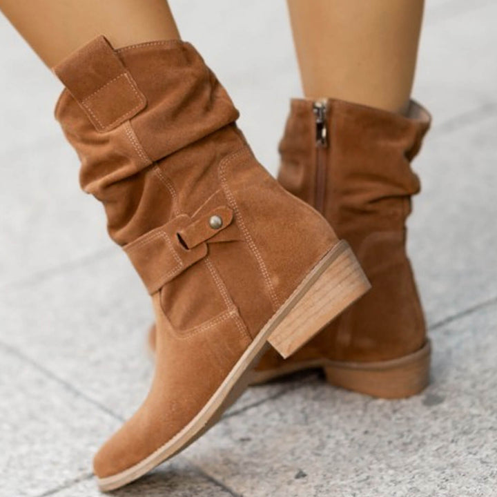 Thora - Mid-Calf Ridderslaarzen van Imitatiesuède Flock
