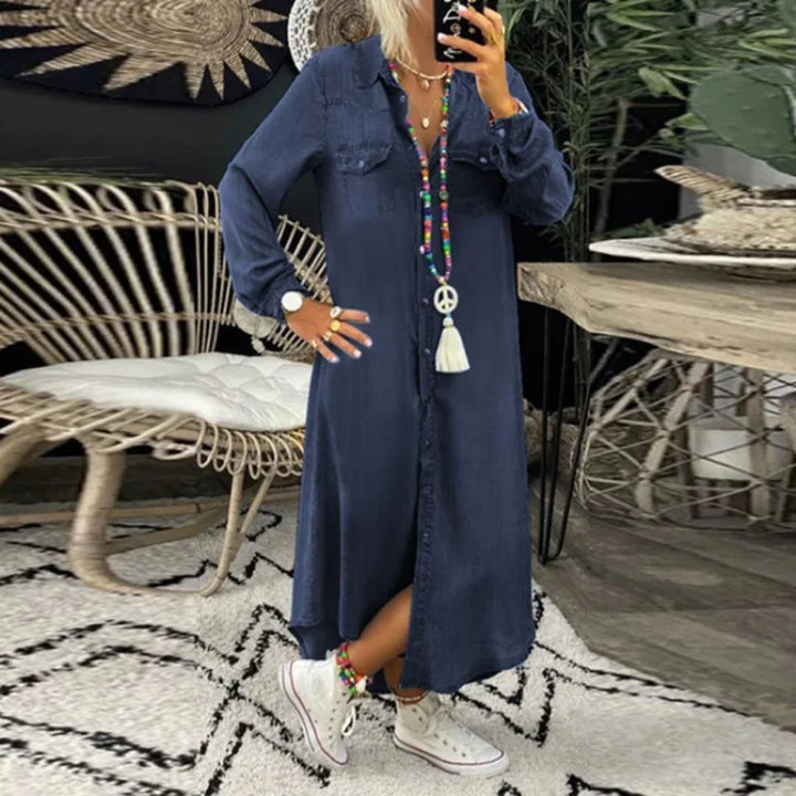 Rina - Casual Denim Stijl Jurk met Knopen