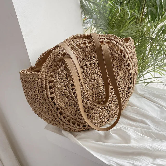 Juliette - Handgeweven Ronde Rieten Strandtas