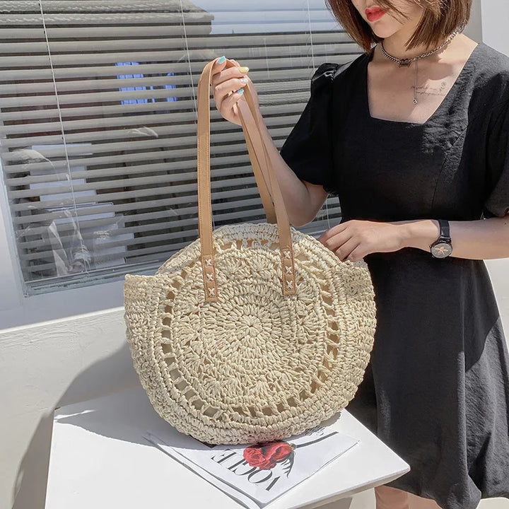 Juliette - Handgeweven Ronde Rieten Strandtas