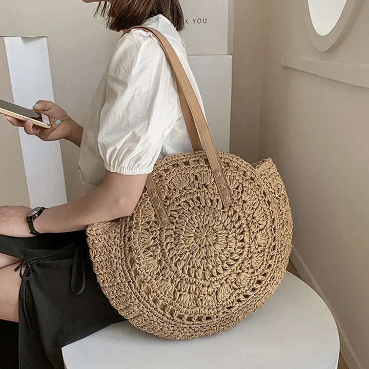 Juliette - Handgeweven Ronde Rieten Strandtas