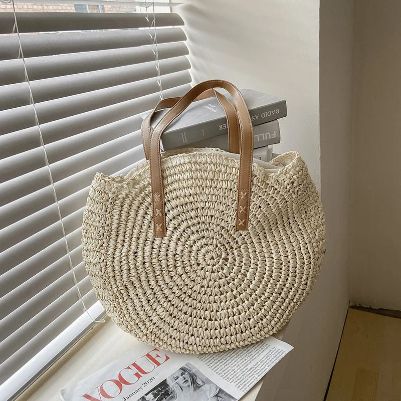 Juliette - Handgeweven Ronde Rieten Strandtas
