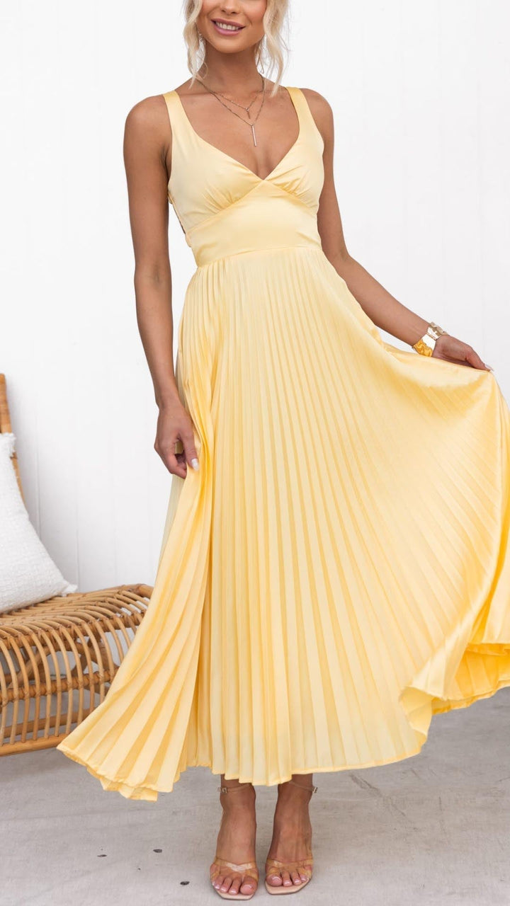 Noor - Gele geplooide elegante V-hals maxi jurk