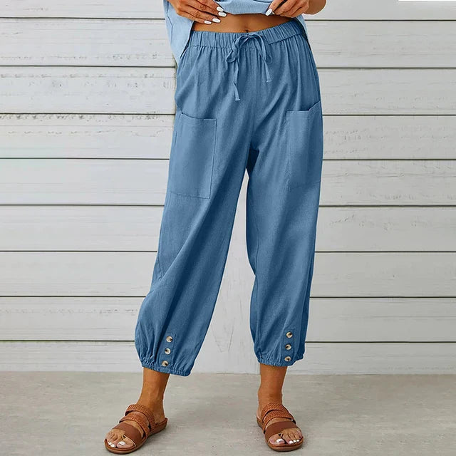 Zuri – Hoge Taille Losse Broek van Katoen en Linnen