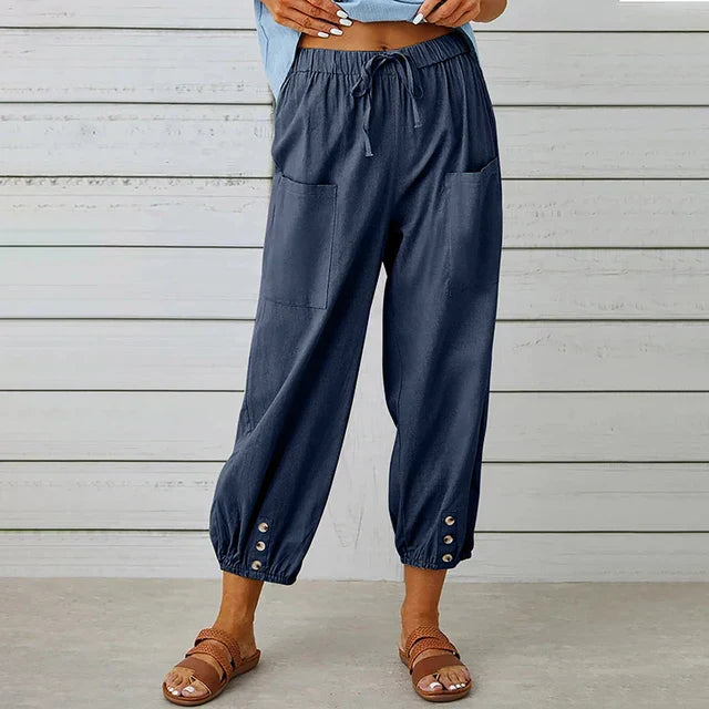 Zuri – Hoge Taille Losse Broek van Katoen en Linnen