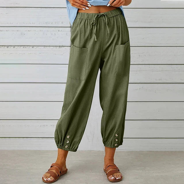 Zuri – Hoge Taille Losse Broek van Katoen en Linnen