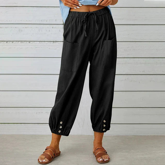 Zuri – Hoge Taille Losse Broek van Katoen en Linnen