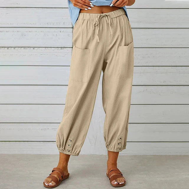 Zuri – Hoge Taille Losse Broek van Katoen en Linnen