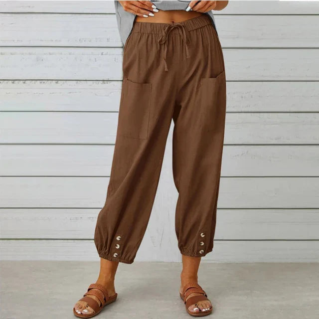 Zuri – Hoge Taille Losse Broek van Katoen en Linnen