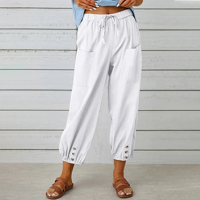 Zuri – Hoge Taille Losse Broek van Katoen en Linnen