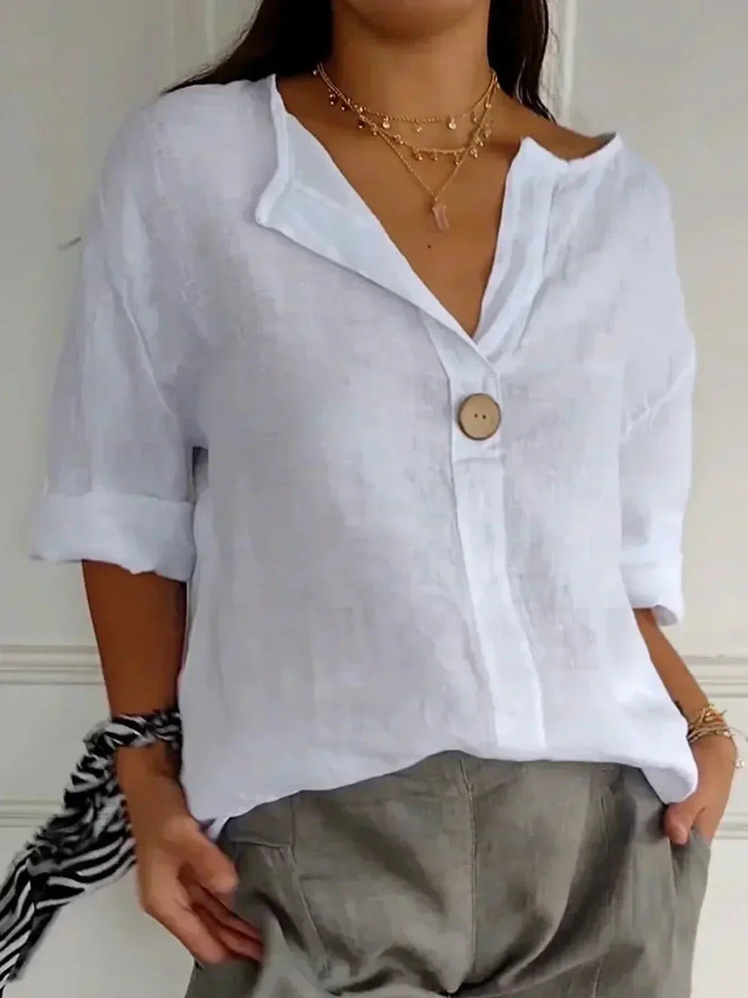 Evania - Casual Losse Linnen Blouse met Knopen