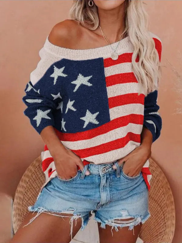 Callista - Casual Off-Shoulder Trui met Vlagprint