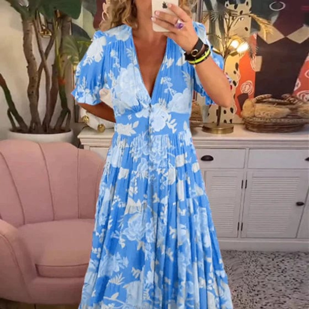 Stefania - Lange jurk met v-halslijn en zakken