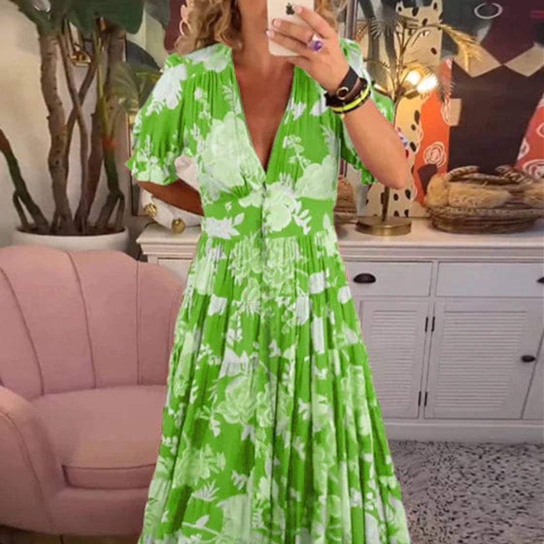 Stefania - Lange jurk met v-halslijn en zakken