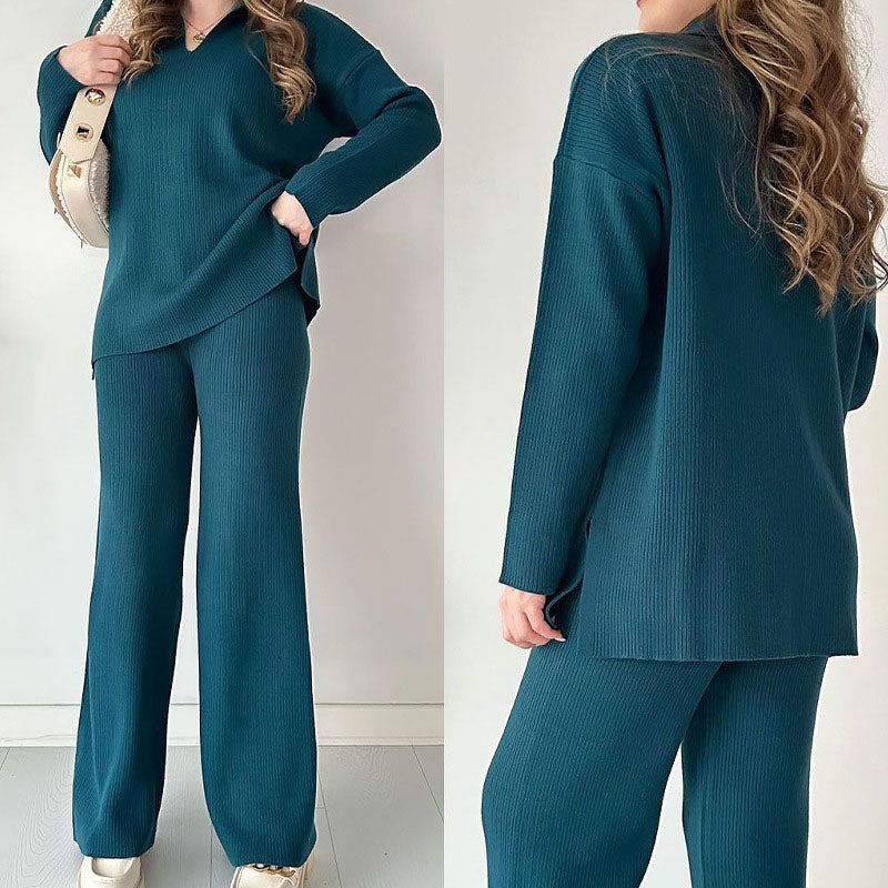 Nore - Casual tweedelige set met pullover met v-hals en split