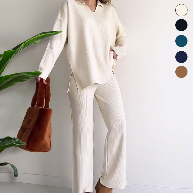 Nore - Casual tweedelige set met pullover met v-hals en split