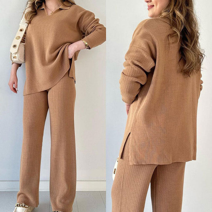 Nore - Casual tweedelige set met pullover met v-hals en split