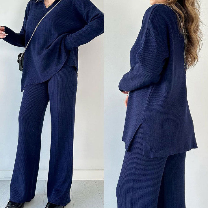 Nore - Casual tweedelige set met pullover met v-hals en split